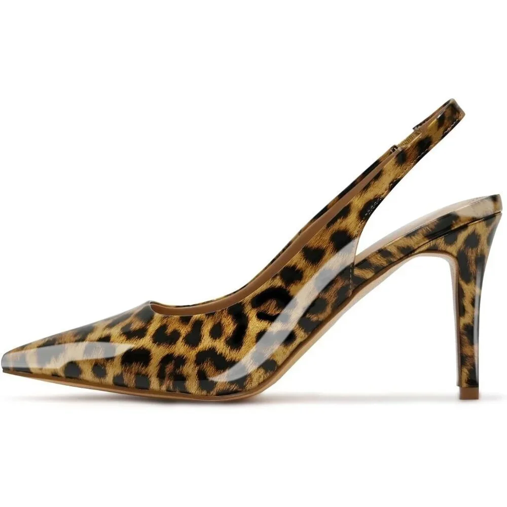 Women Black Leopard Slingback Stiletto Heels Closed Toe Pumps Slip On High Heels